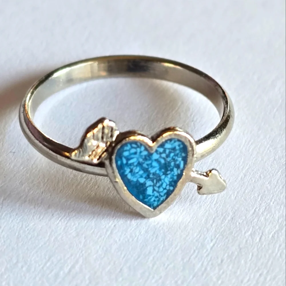 Vintage heart ring crushed turquoise silver tone blue size 3.75